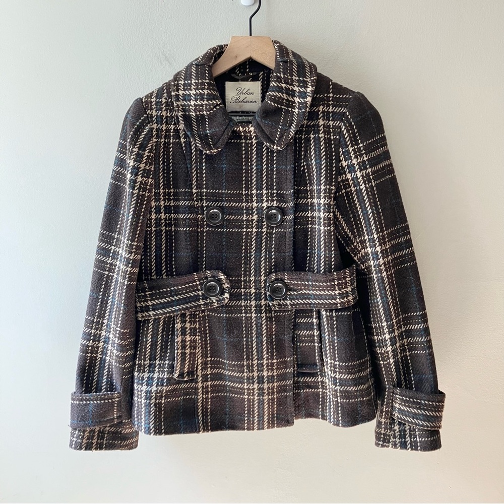 URBAN BEHAVIOR Brown Plaid Double Breasted Short Peacoat